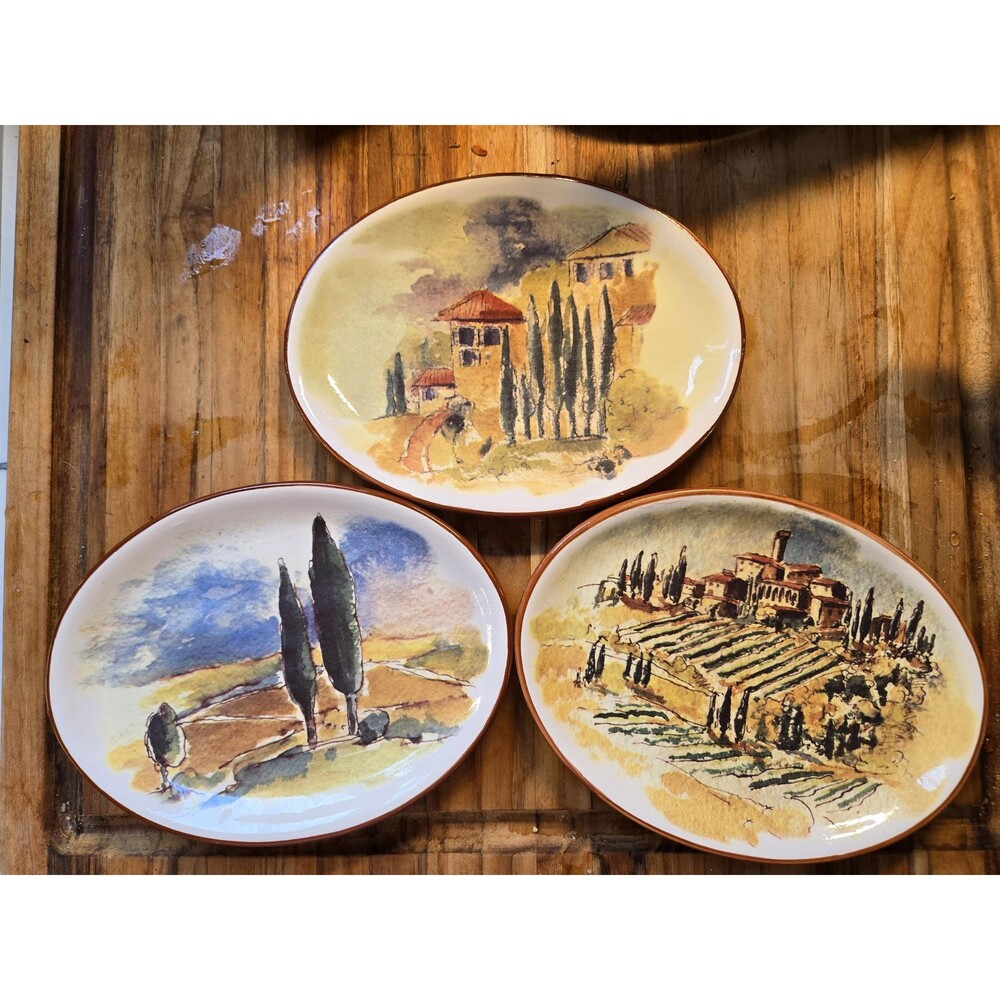 Set of 3 Williams Sonama Tuscan Italian Landscape Oval Snack Plates